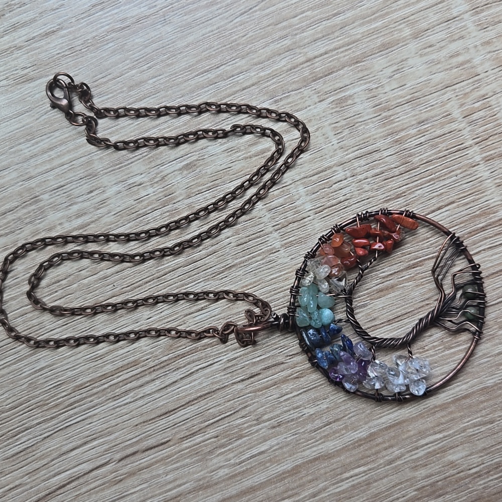 ​7 Chakra Tree of Life Gemstone Wire Wrapped Pendant Necklace Antique Bronze